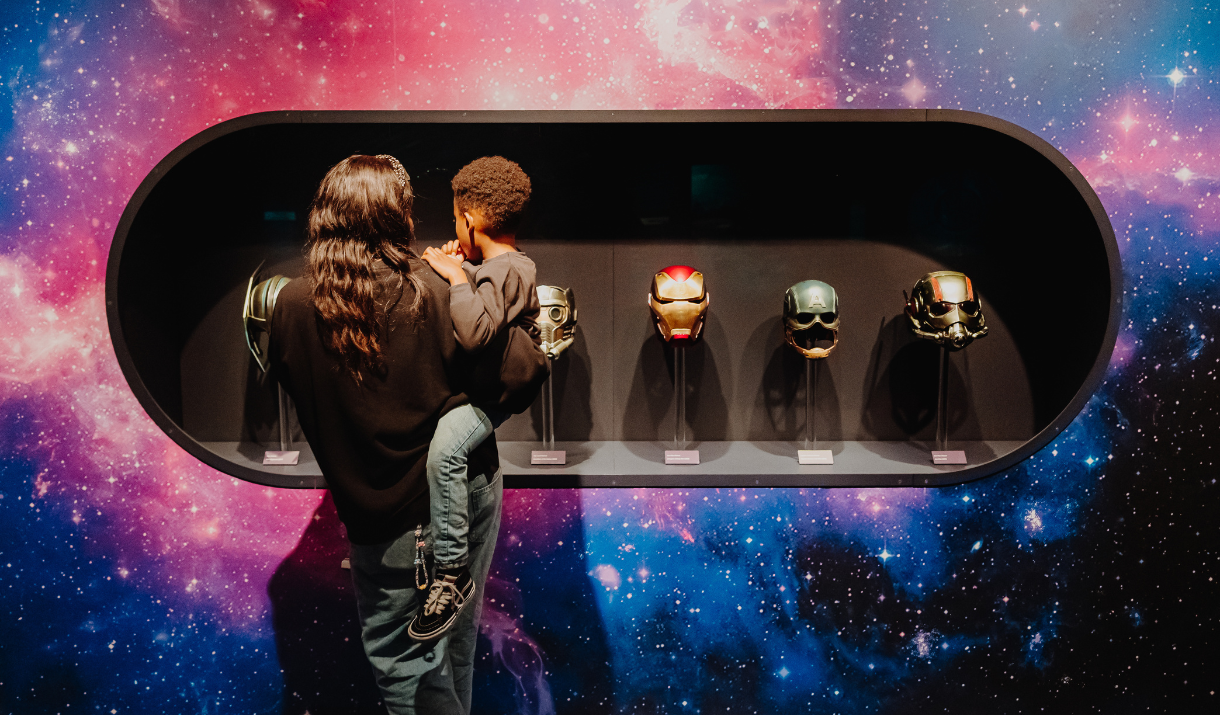 Helmets from Marvel and Star Wars at Disney100: The Exhibition, ExCeL London